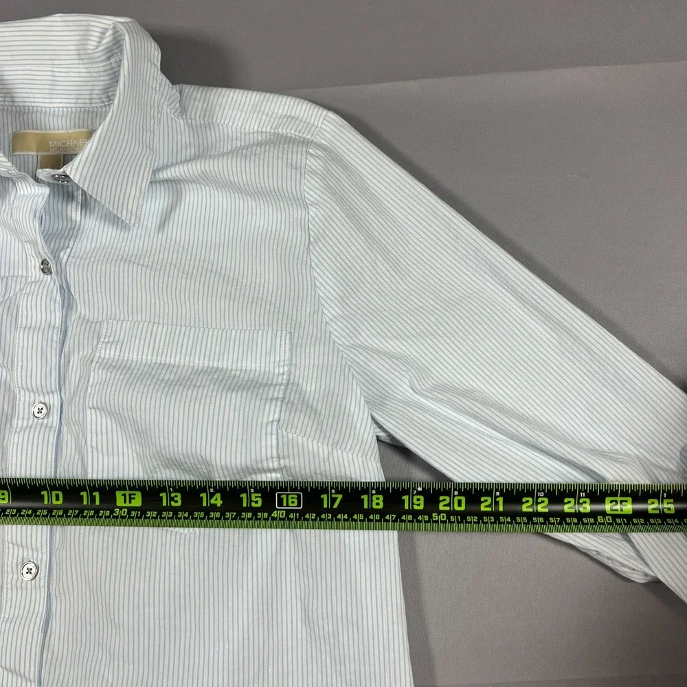 Michael Kors Button Up Shirt Womens L White Blue Striped Roll Tab Sleeve Casual